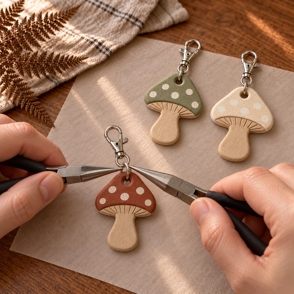 Exactly three painted mushroom charms, each connected to one jump ring and one swivel lobster clasp