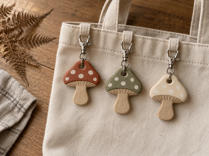 Three finished air-dry clay mushroom bag charms in rust, sage, and cream clipped to a canvas tote