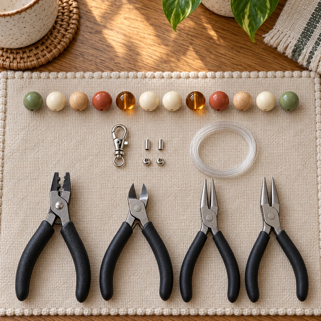 Exactly twelve sage, cream, wood, terracotta, and amber beads arranged in one mirrored pattern beside beading tools