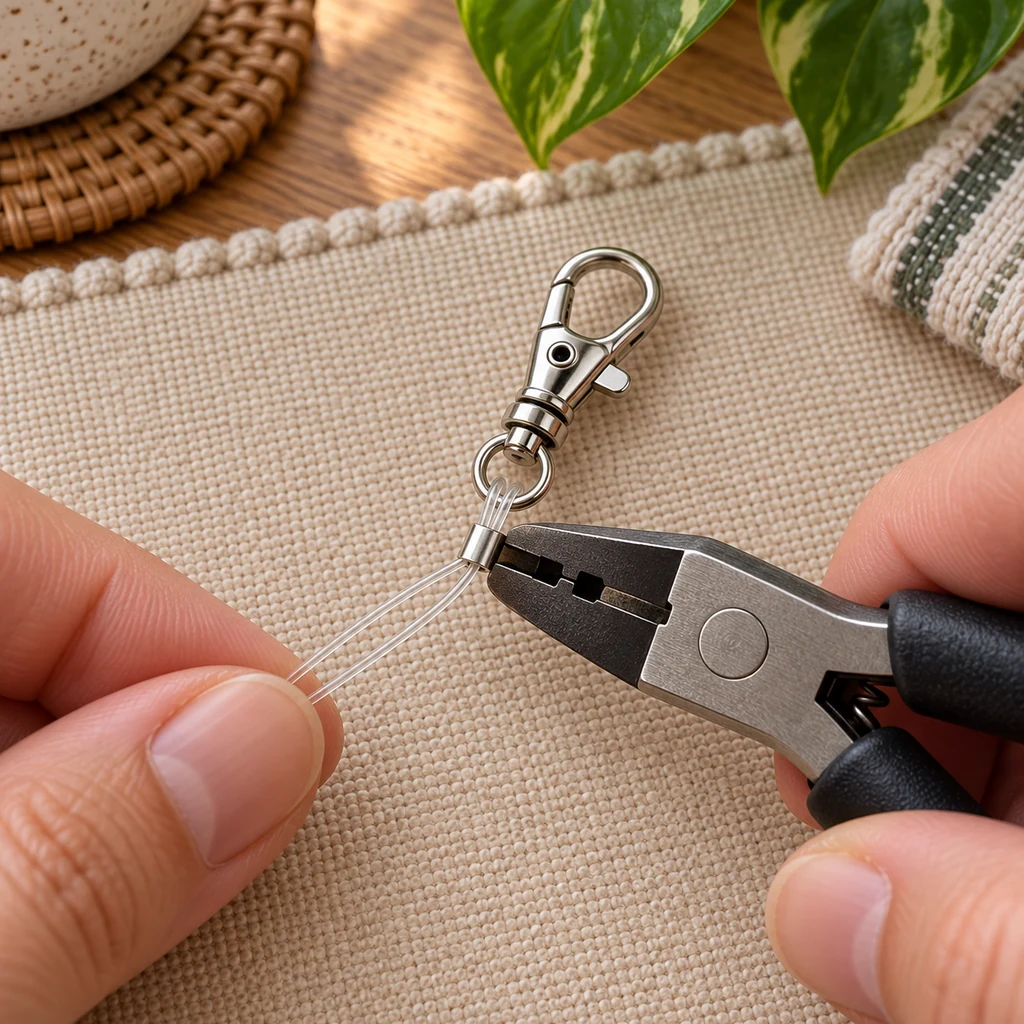 Beading wire passing through one crimp tube, around a lobster clasp eye, and back through the tube with parallel wire sections