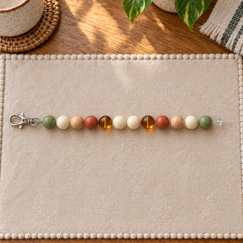 Exactly twelve beads threaded in a mirrored earthy pattern on flexible jewelry wire attached to one lobster clasp