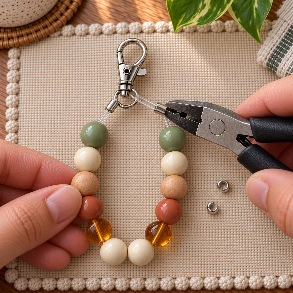 Crimping pliers securing the second crimp on a twelve-bead bag charm with the first crimp already covered