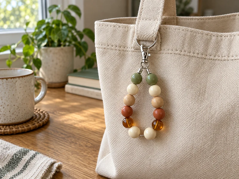 Finished twelve-bead bag charm with secure crimped ends clipped to a neutral canvas tote