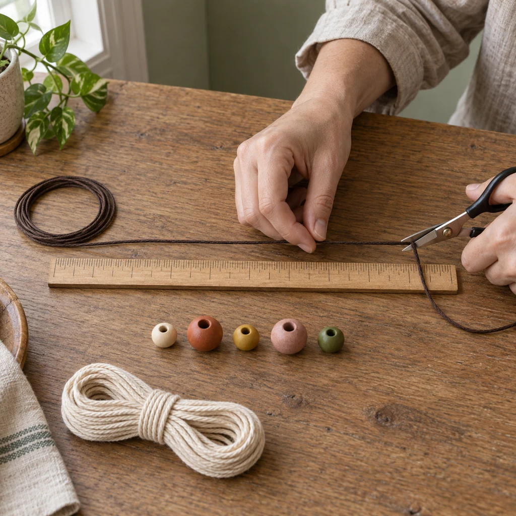 Hands cutting dark waxed cord beside exactly five wooden beads and cream tassel cord