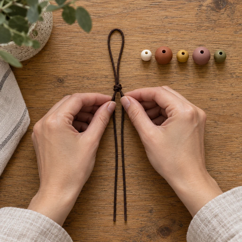 Two hands tying one overhand knot beneath the folded top loop of dark waxed cord