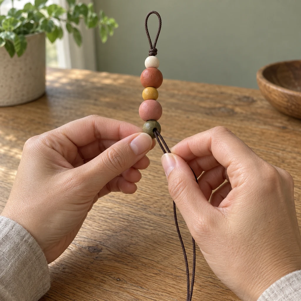 Hands threading both dark cord ends through the fifth olive bead beneath four stacked wooden beads