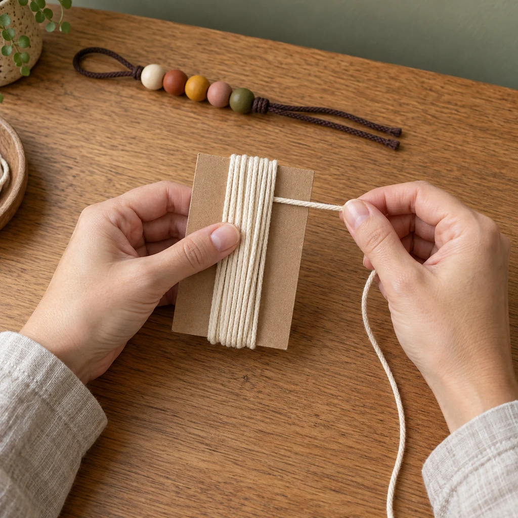 Hands wrapping cream cotton cord evenly around one rectangular cardboard tassel guide