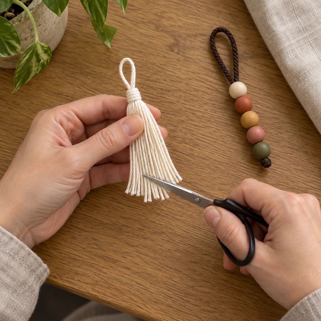 Hands trimming the lower ends of one cream cotton tassel after its top loop and neck are tied