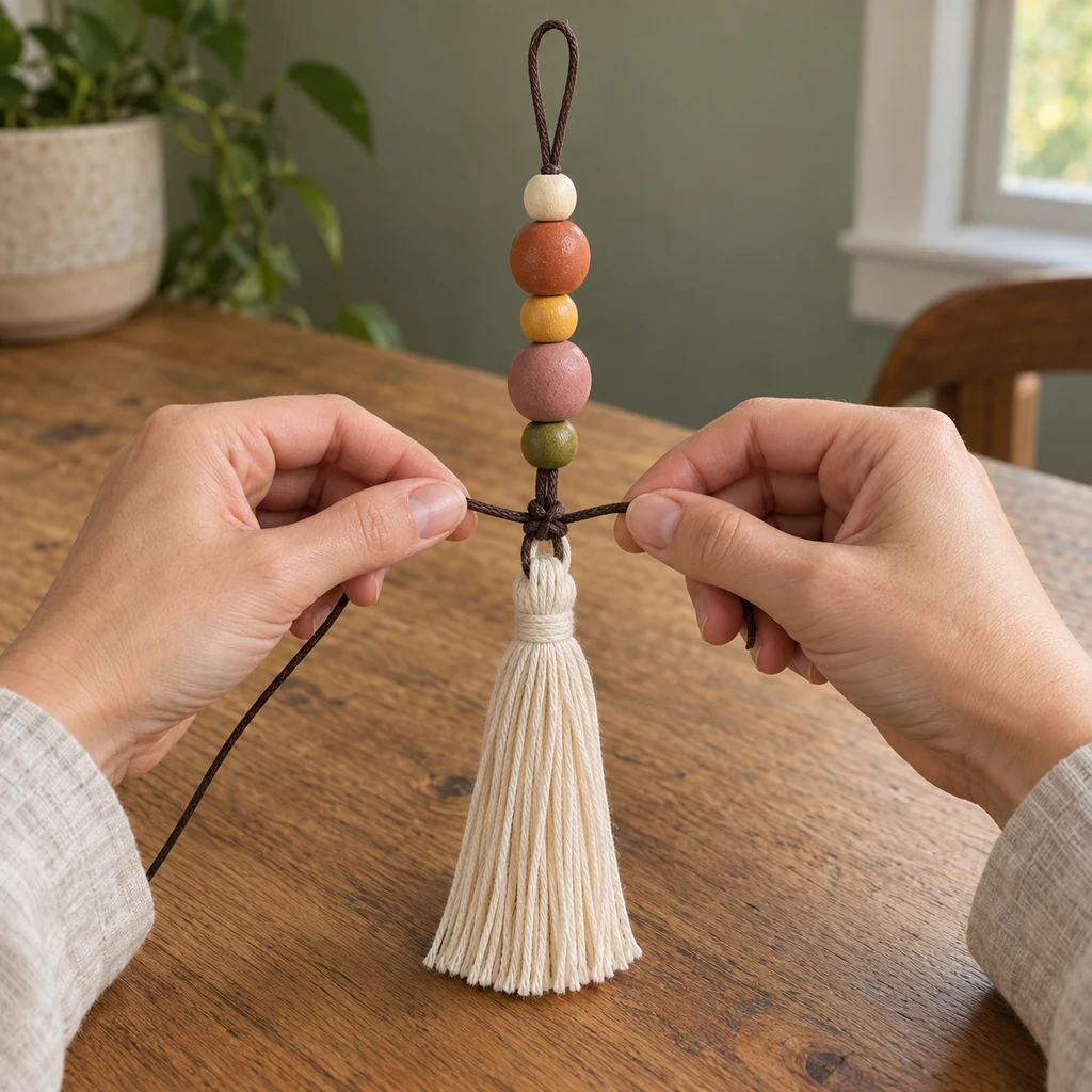 Hands tying the two brown cord ends around the cream tassel loop beneath exactly five beads