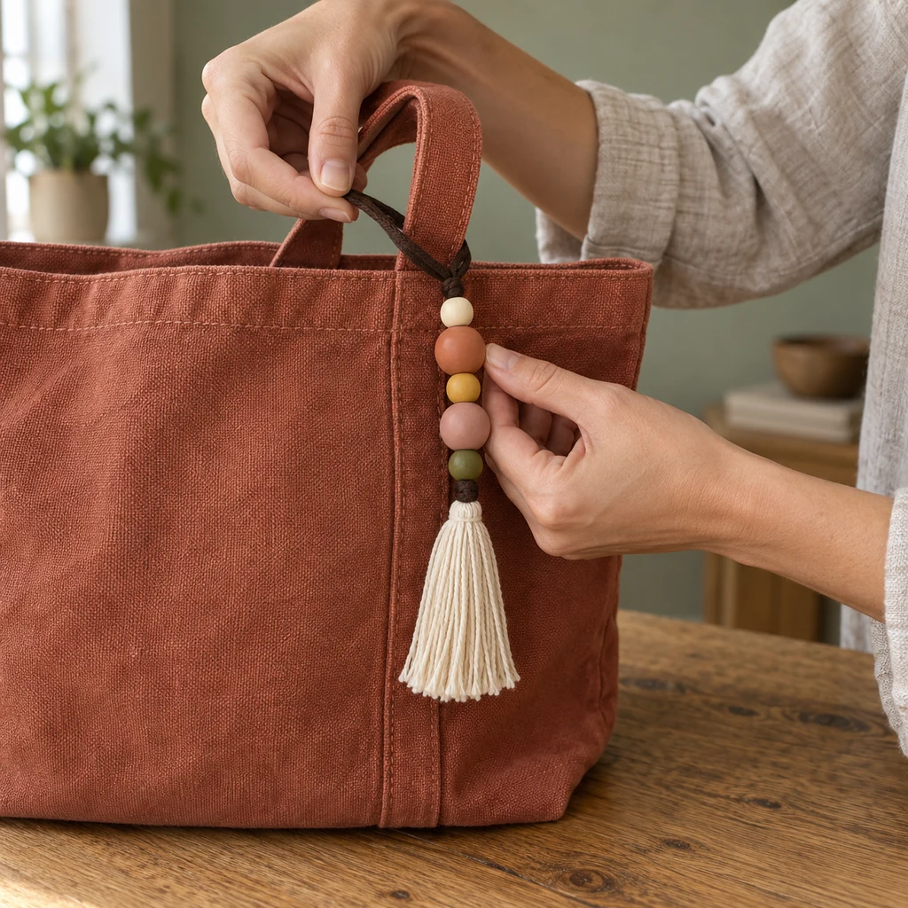 Hands attaching one five-bead cream-tassel charm to a rust canvas tote handle with its top loop