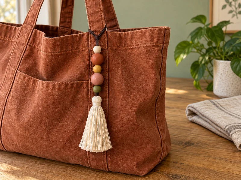 Finished five-bead cream-tassel charm hanging straight from a rust canvas tote