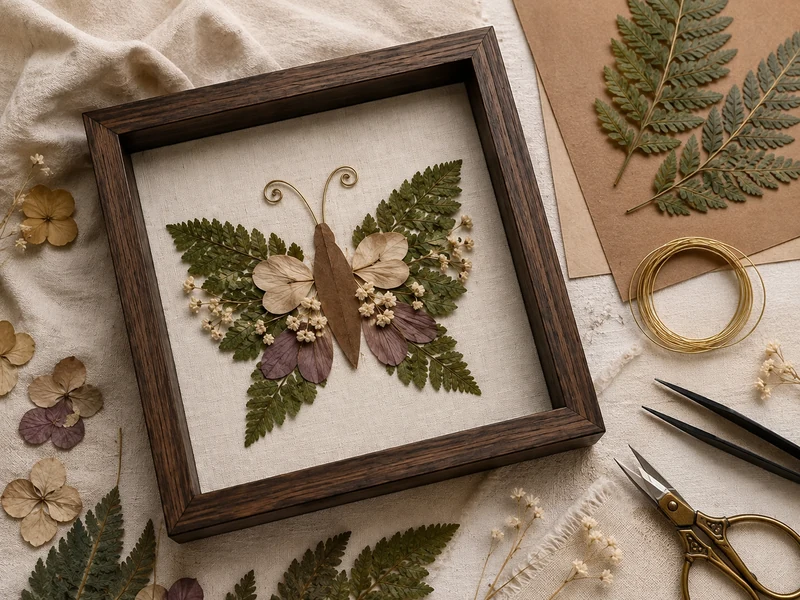 Finished DIY botanical moth shadow box with pressed ferns brass wire and dried flowers