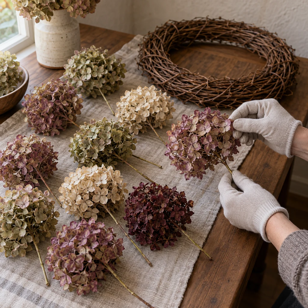 Papery dried hydrangea heads sorted beside an empty grapevine wreath