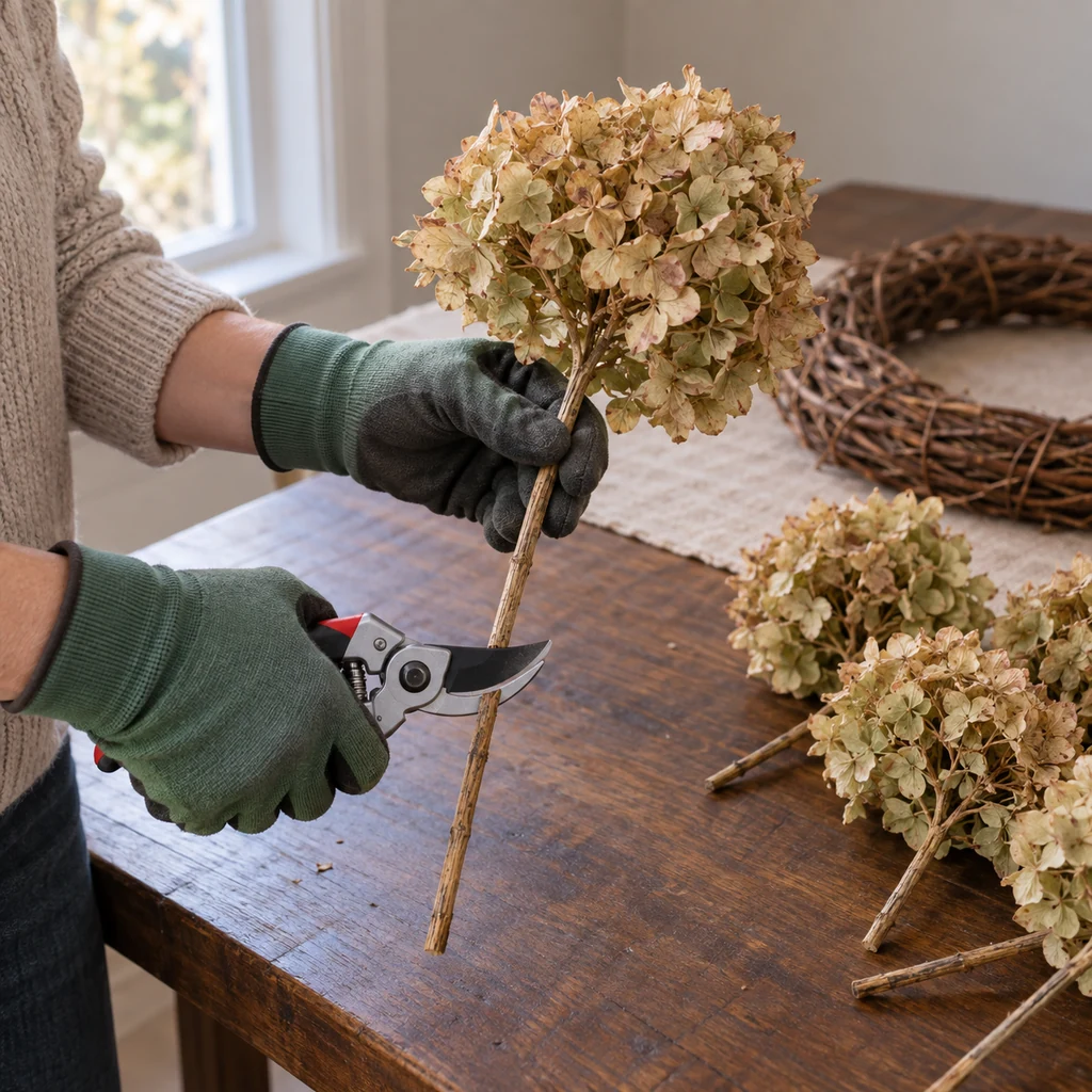 Gloved hands trimming one dried hydrangea stem with bypass pruners