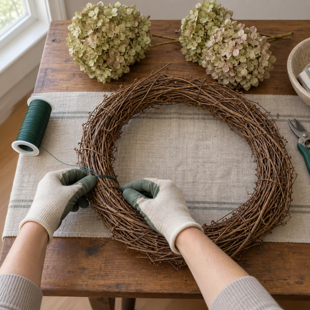 Florist paddle wire anchored to an empty 18-inch grapevine wreath