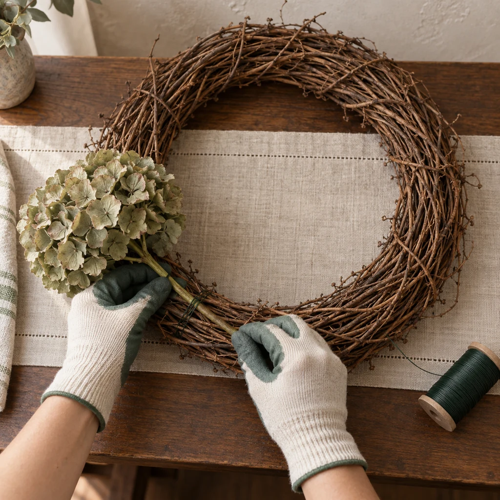 First dusty green hydrangea head wired to the lower-left section of a grapevine wreath