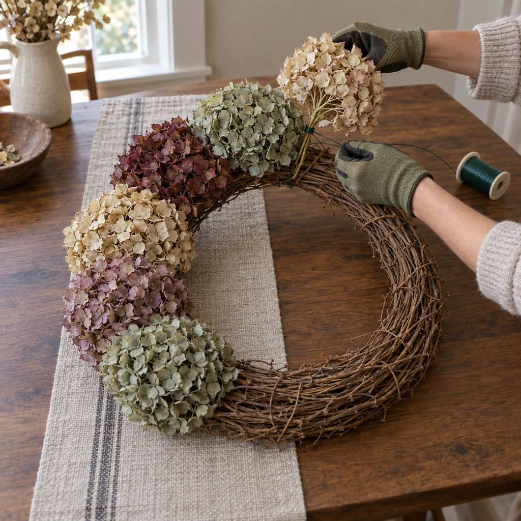 Five dried hydrangea heads overlapping around half of a grapevine wreath as a sixth is positioned