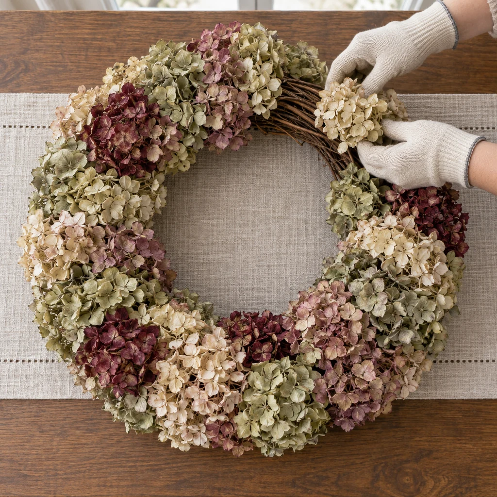 Small parchment hydrangea cluster inserted into the final visible gap of an almost-complete wreath