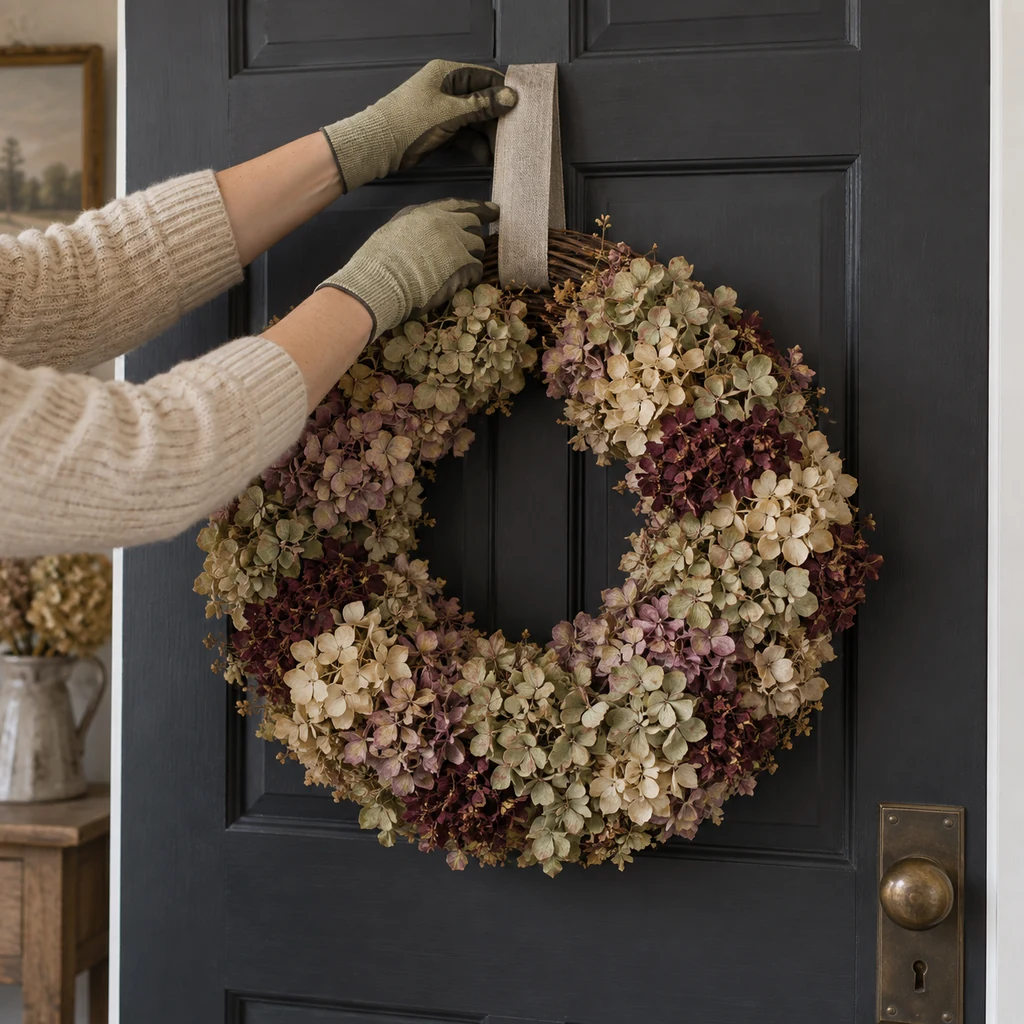Completed dried hydrangea wreath receiving one linen ribbon hanging loop on a charcoal door