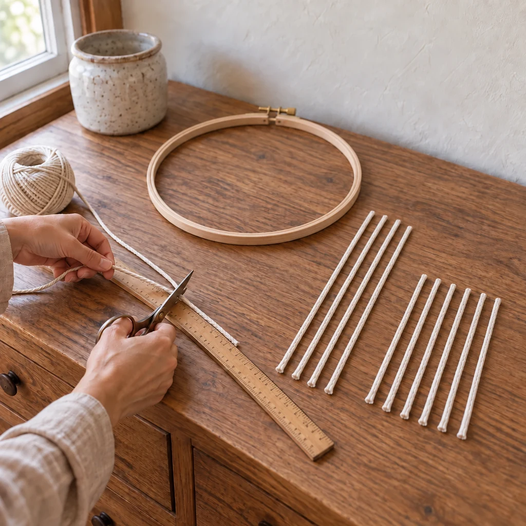 Four long and six short straight cotton cords beside a wooden embroidery hoop