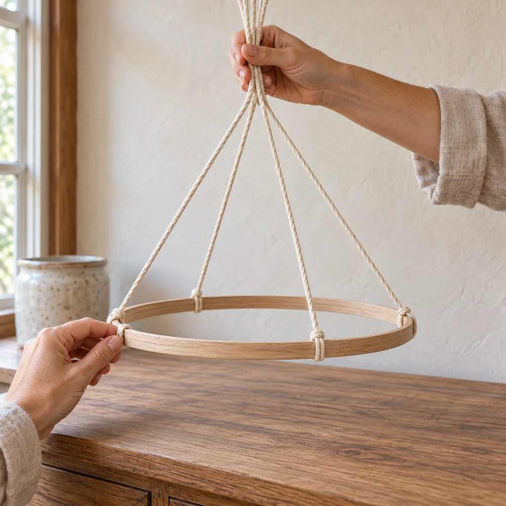 Hands leveling an embroidery hoop with four equal cotton support cords