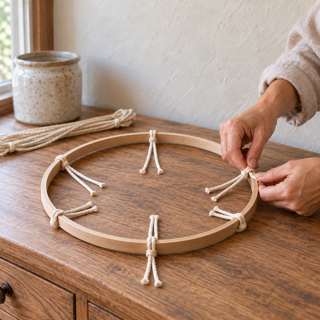 Six short cotton drop cords tied evenly around a wooden embroidery hoop