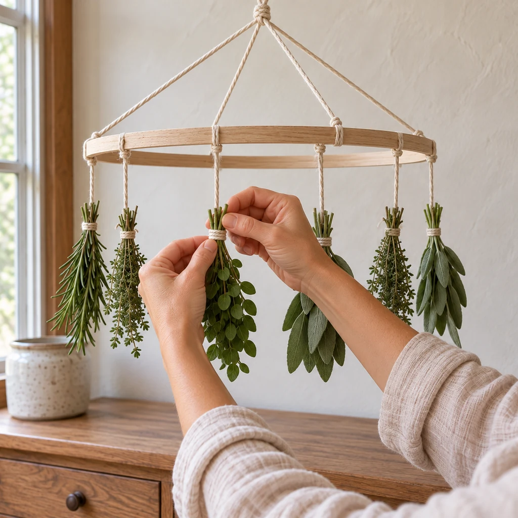 Hands attaching one small upside-down herb bundle to a hanging hoop rack