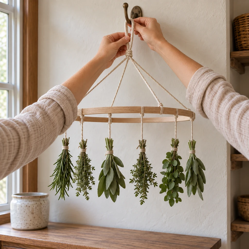 Hands hanging a level herb drying rack on a sturdy wall hook in a dry shaded nook