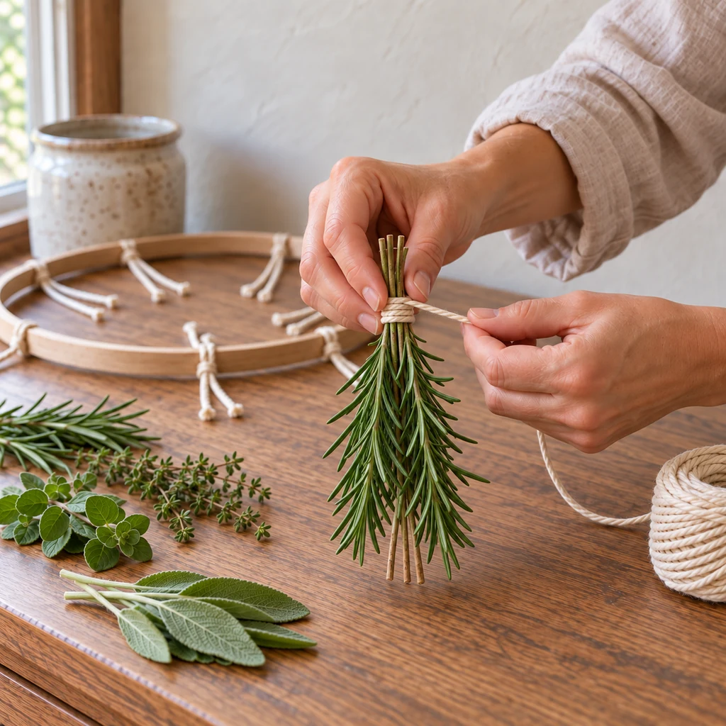 Hands tying a small surface-dry bundle made only from rosemary stems