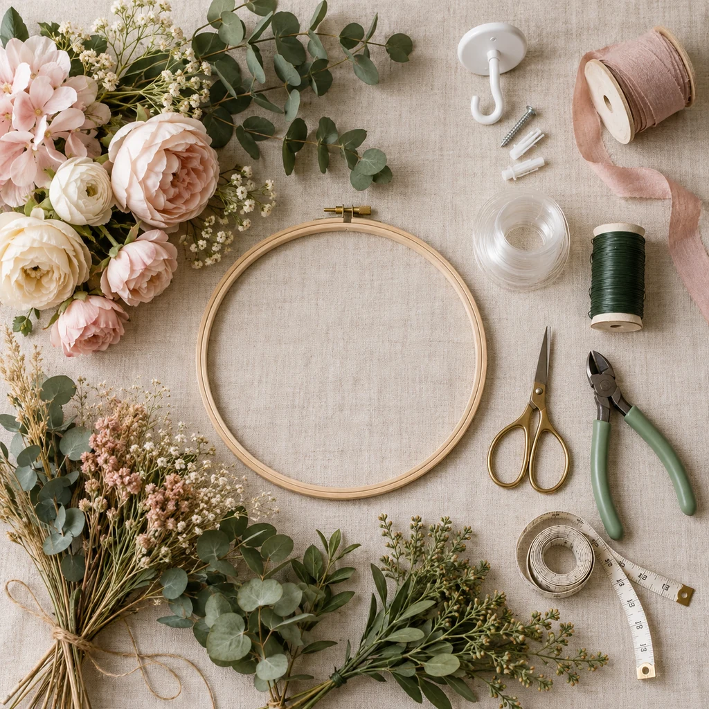 Materials for DIY hanging floral decor arranged on a craft table