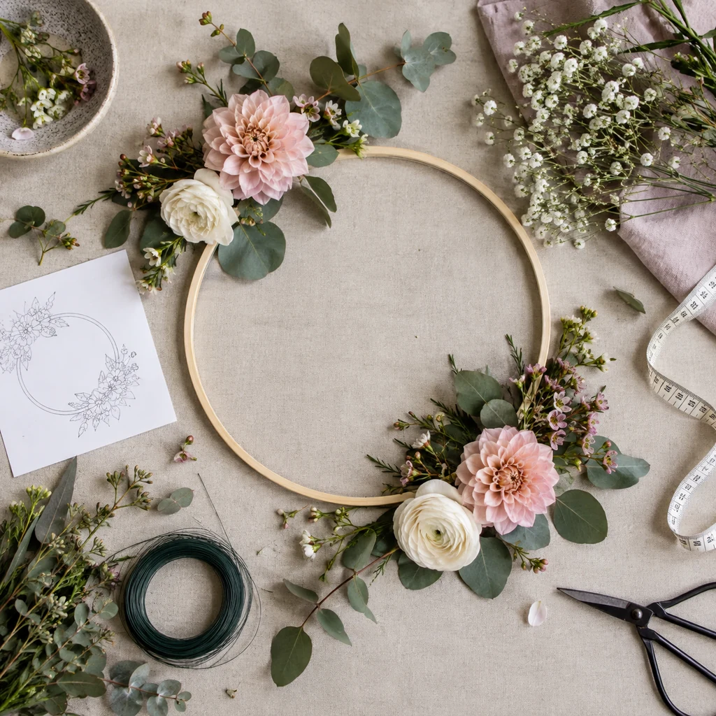 Planning the flower and greenery layout around a wooden hoop