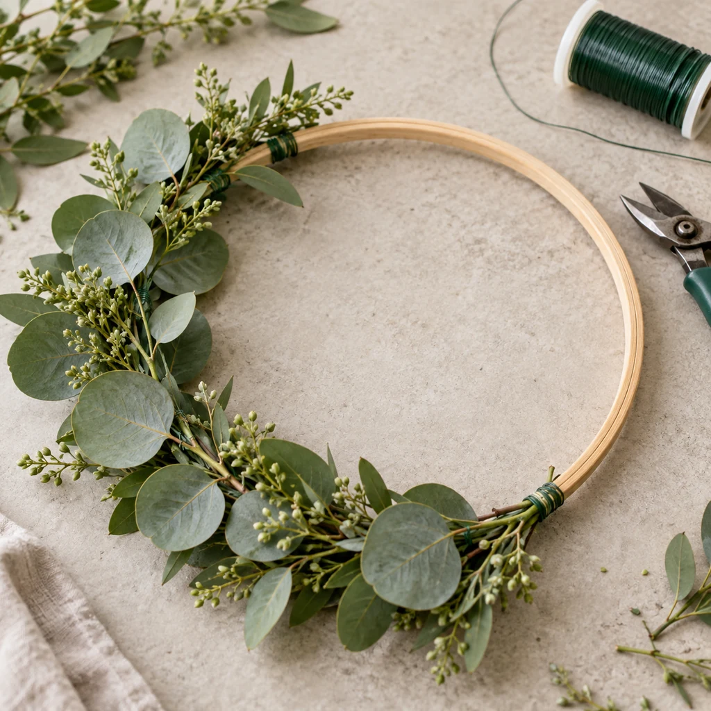 Greenery stems wrapped onto a wooden hoop with floral wire