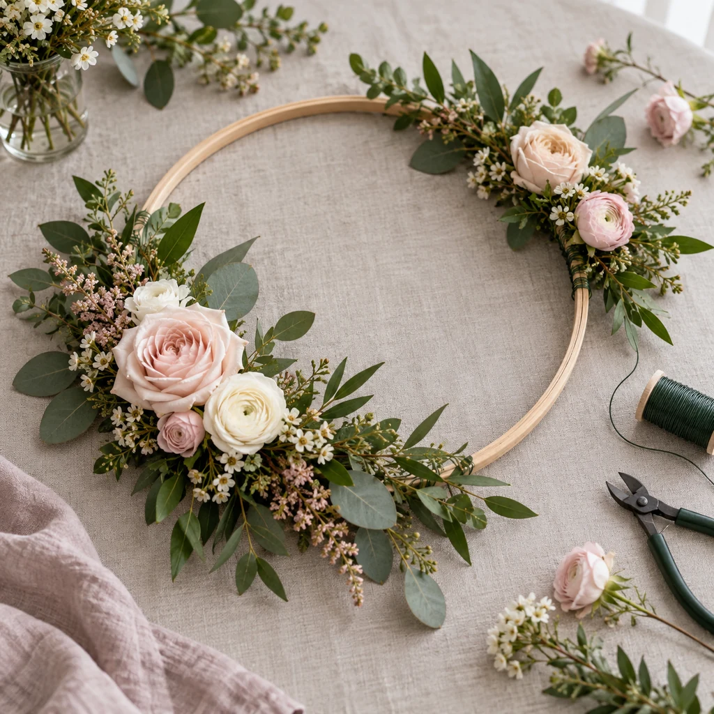 Blush and cream flower clusters attached to a greenery hoop