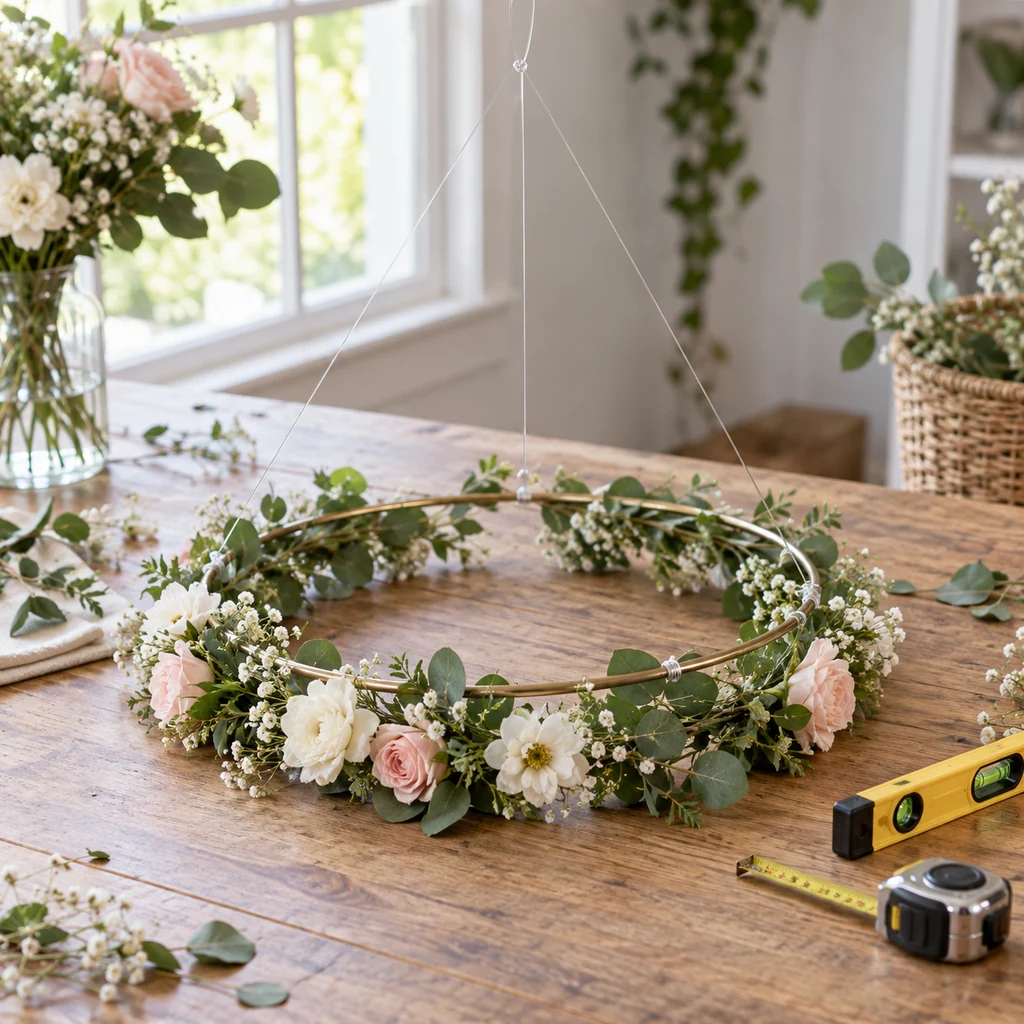Clear hanging lines tied to a floral hoop for balance