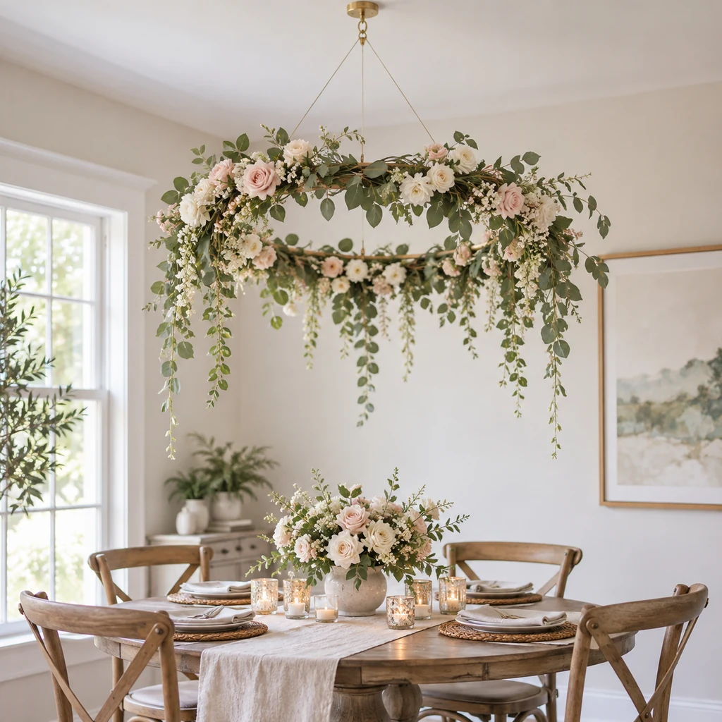 Finished hanging floral hoop displayed above a dining table