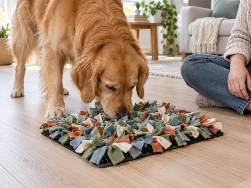 Golden retriever using a handmade fleece snuffle mat while an adult supervises nearby