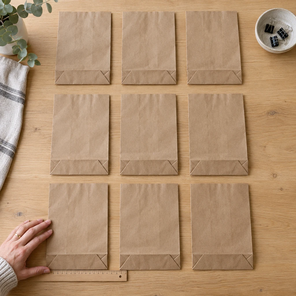 Exactly nine identical kraft paper bags aligned in a three-by-three grid with their closed bottoms facing the viewer