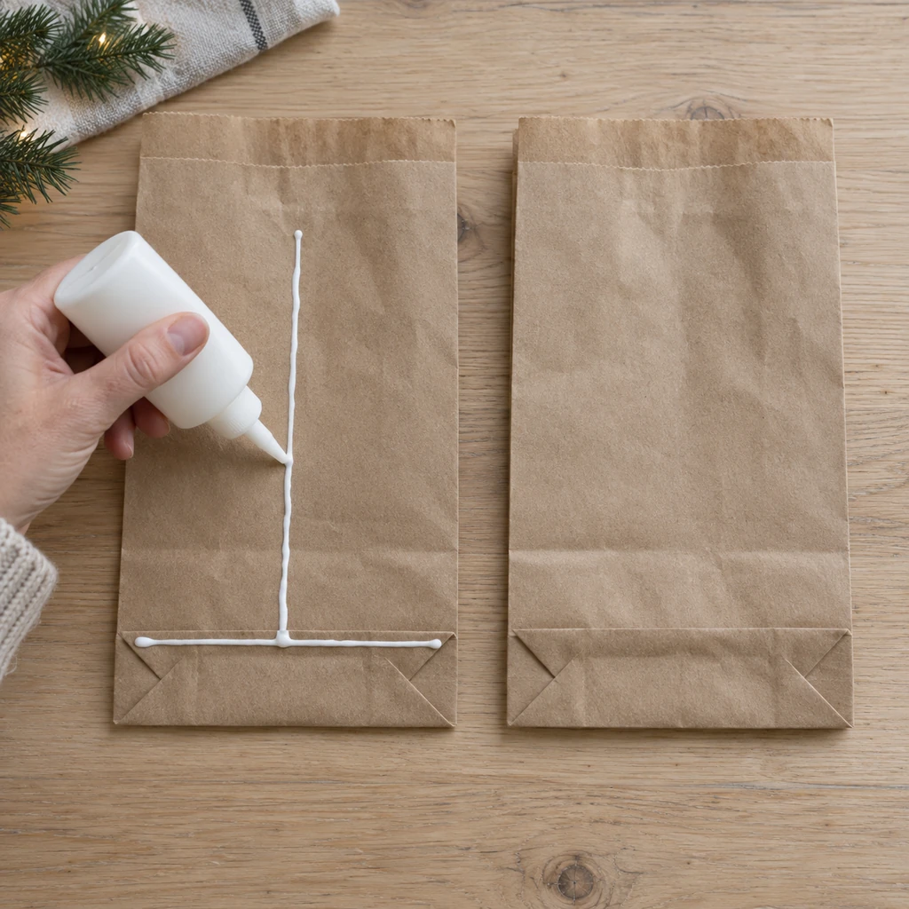 Thin white craft glue forming a T on one kraft paper bag beside a second unglued bag