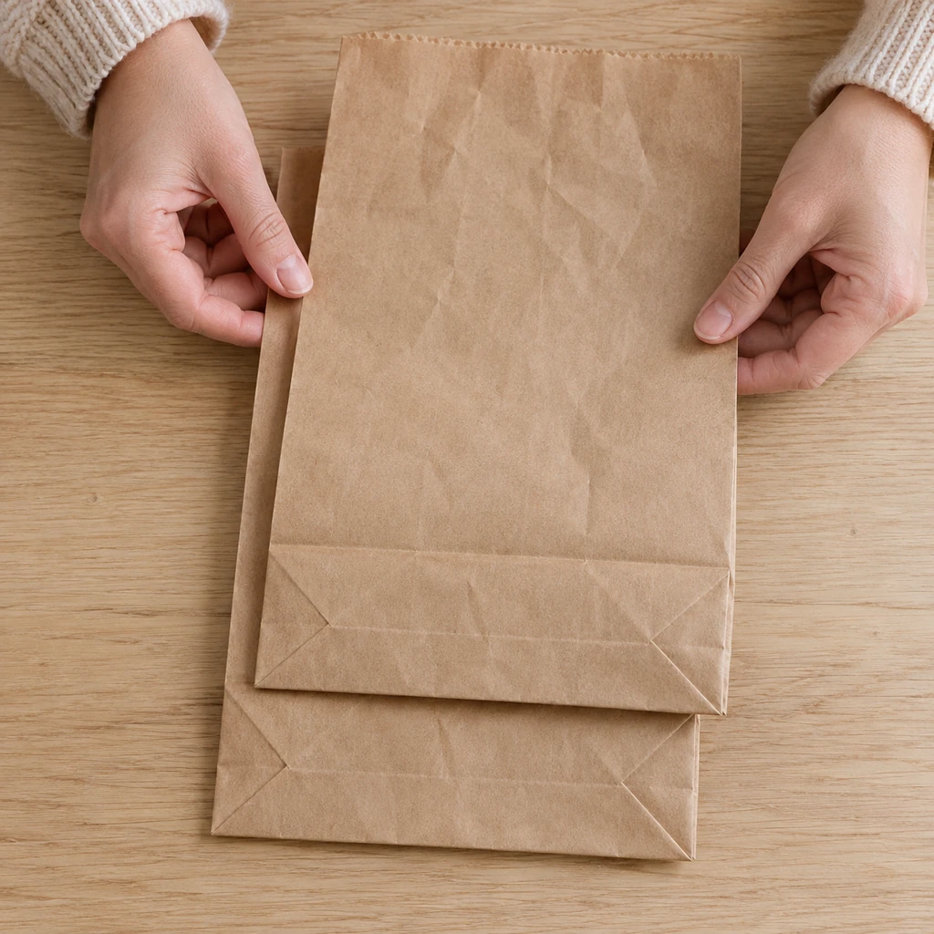 Hands aligning a second kraft paper lunch bag over the first with both folded bottoms facing the same direction
