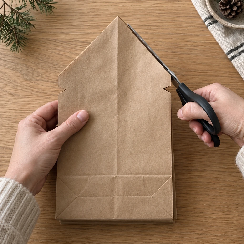 Adult hands using sturdy scissors to finish a centered point on a stacked set of kraft bags with two matching side notches