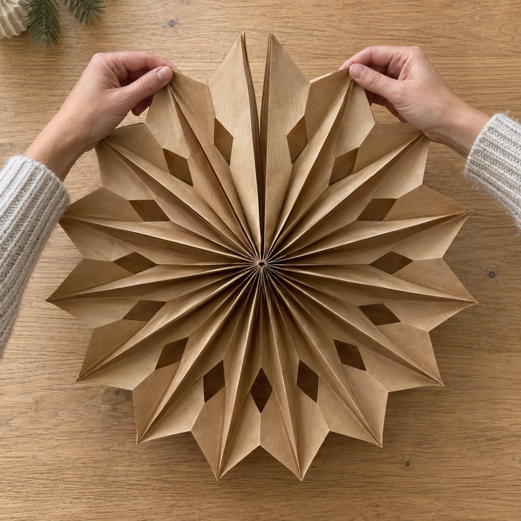 Two hands gently fanning an unclosed kraft paper bag star while the final seam remains visibly open