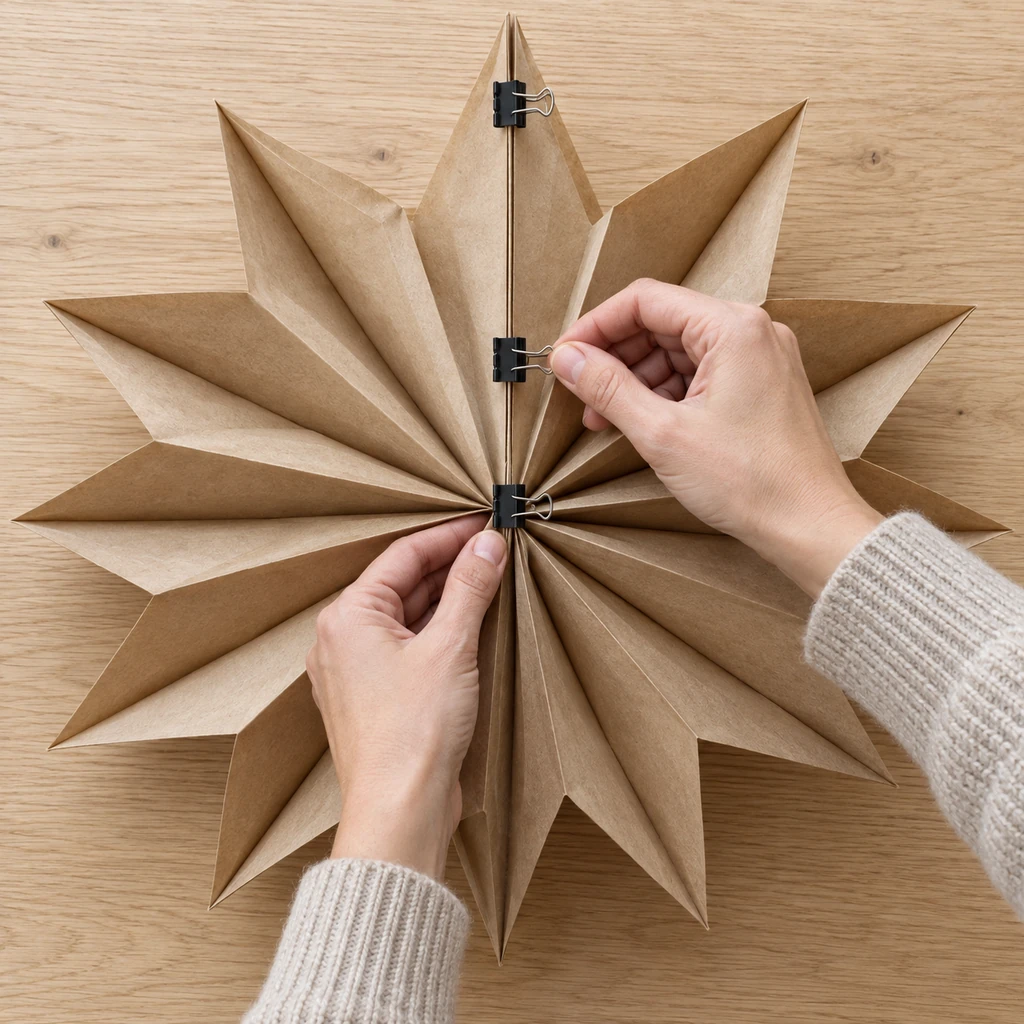Back of an opened kraft paper star with exactly three black binder clips fastening one straight radial seam