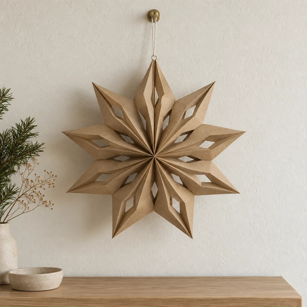 One complete kraft paper bag star hanging level by a single cotton cord from a secure wall hook
