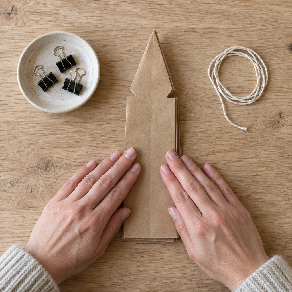 Hands flattening one collapsed pointed kraft paper star beside exactly three binder clips and one cotton cord