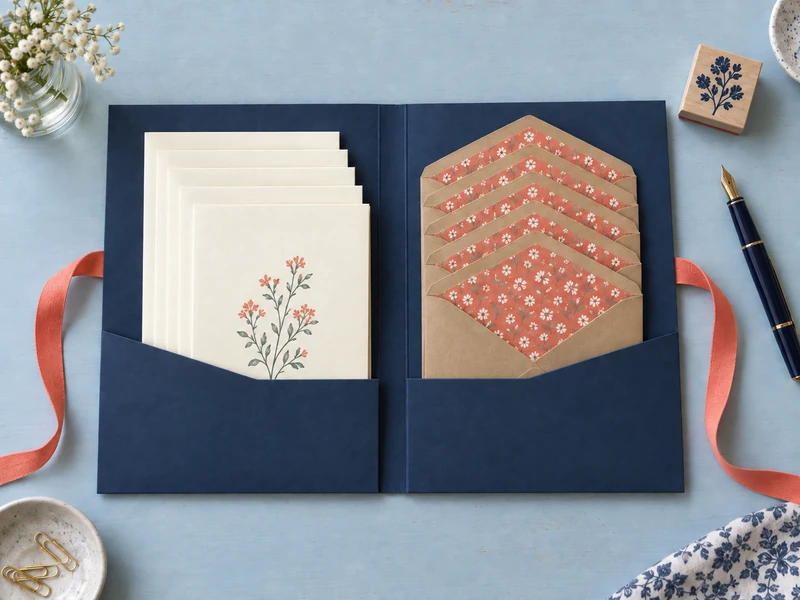 Finished DIY pen pal stationery kit with six matching A6 cards and lined envelopes in a navy two-pocket folio