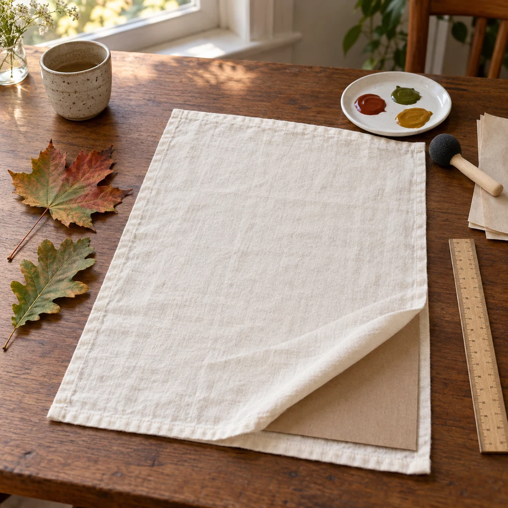 Blank cream cotton tea towel prepared with cardboard between its layers