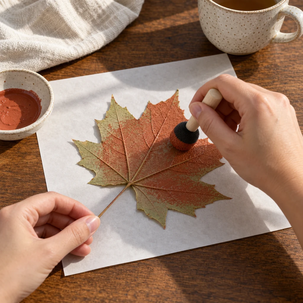 Rust fabric paint dabbed thinly onto the raised underside of one maple leaf