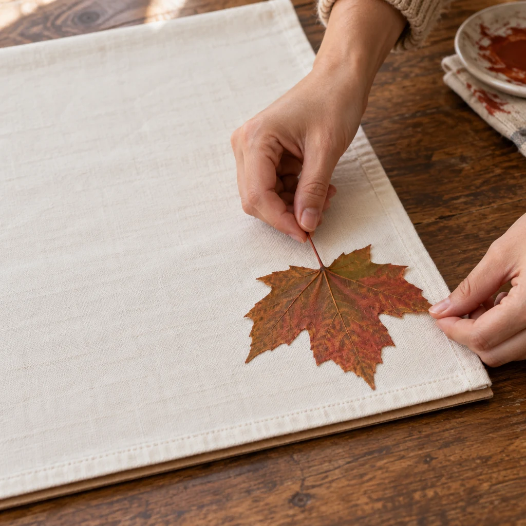 Hands positioning one painted maple leaf face down on a blank cotton towel