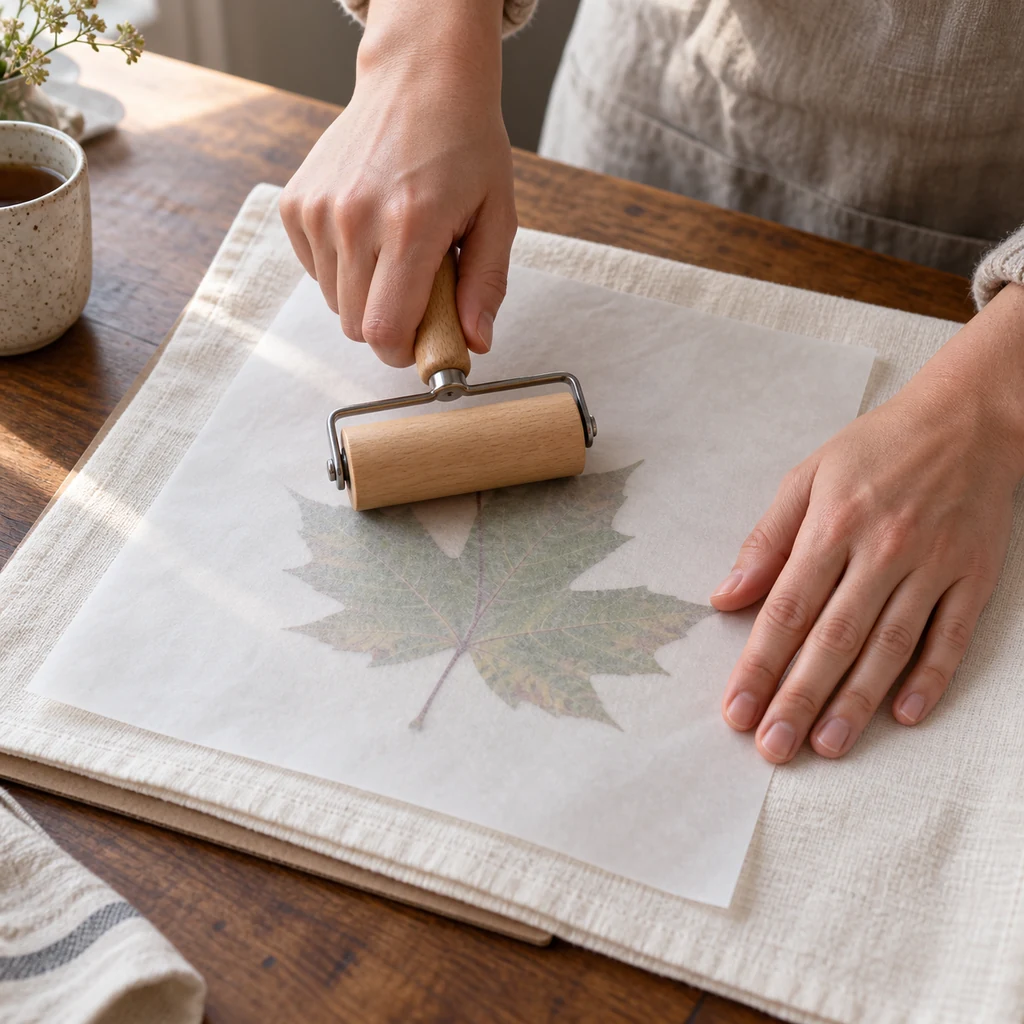 Wooden brayer pressing a covered maple leaf onto a cotton towel