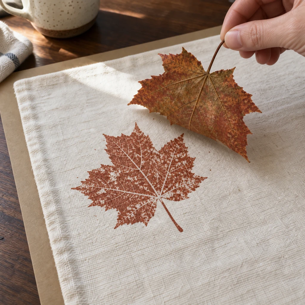 Maple leaf lifted by its stem above the matching rust-colored fabric print